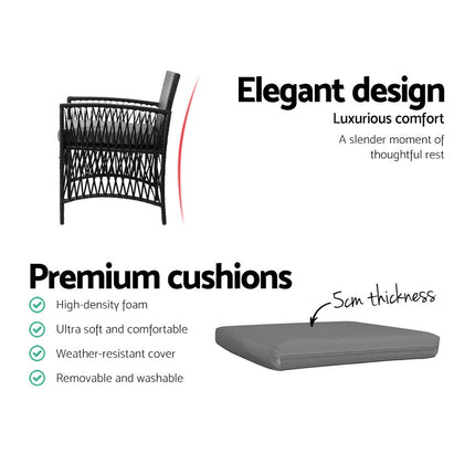 Gardeon 3PC Outdoor Bistro Set Patio Furniture Wicker Dining Chairs Table Cushion Black.
