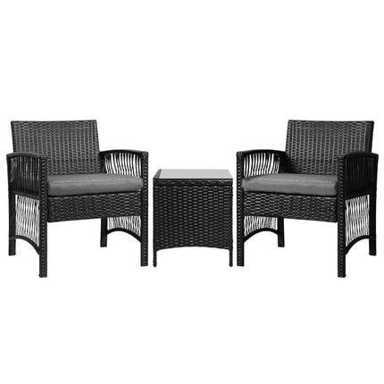 Gardeon 3PC Outdoor Bistro Set Patio Furniture Wicker Dining Chairs Table Cushion Black.