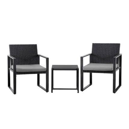 Gardeon 3PC Outdoor Bistro Set Patio Furniture Wicker Dining Chairs Table Cushion Black.