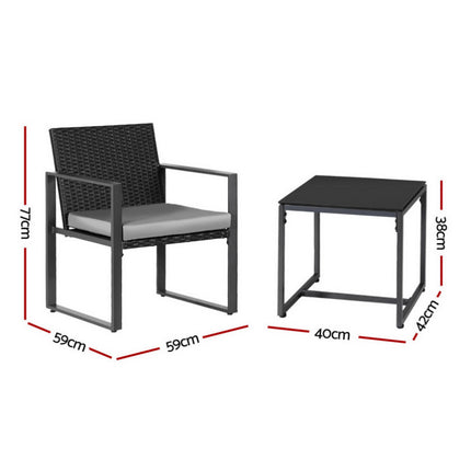 Gardeon 3PC Outdoor Bistro Set Patio Furniture Wicker Dining Chairs Table Cushion Black.