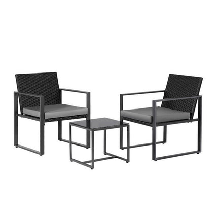 Gardeon 3PC Outdoor Bistro Set Patio Furniture Wicker Dining Chairs Table Cushion Black.