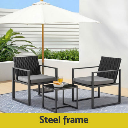 Gardeon 3PC Outdoor Bistro Set Patio Furniture Wicker Dining Chairs Table Cushion Black.