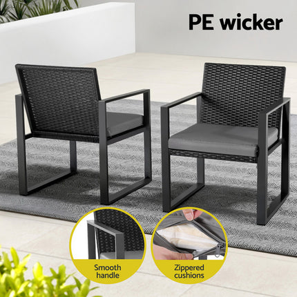 Gardeon 3PC Outdoor Bistro Set Patio Furniture Wicker Dining Chairs Table Cushion Black.