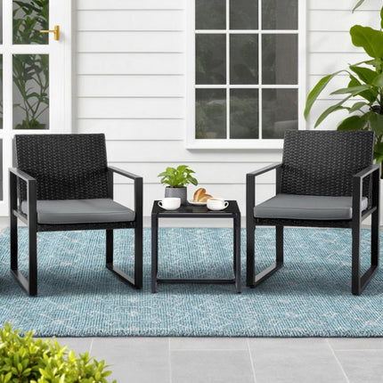 Gardeon 3PC Outdoor Bistro Set Patio Furniture Wicker Dining Chairs Table Cushion Black.