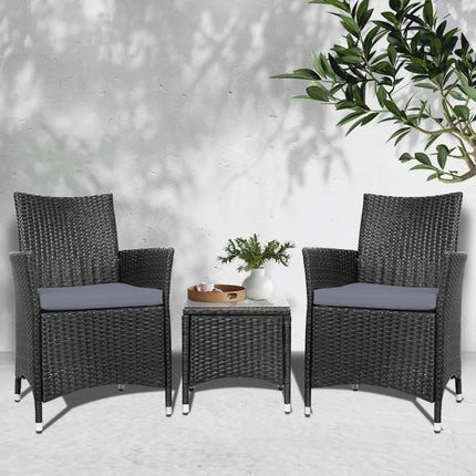 Gardeon 3PC Outdoor Bistro Set Patio Furniture Wicker Setting Chairs Table Cushion Black.
