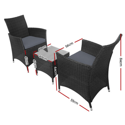 Gardeon 3PC Outdoor Bistro Set Patio Furniture Wicker Setting Chairs Table Cushion Black.