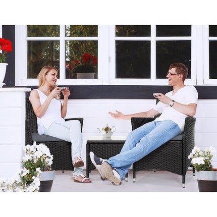 Gardeon 3PC Outdoor Bistro Set Patio Furniture Wicker Setting Chairs Table Cushion Black.
