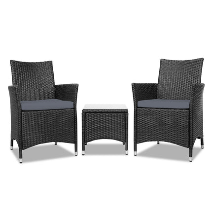Gardeon 3PC Outdoor Bistro Set Patio Furniture Wicker Setting Chairs Table Cushion Black.