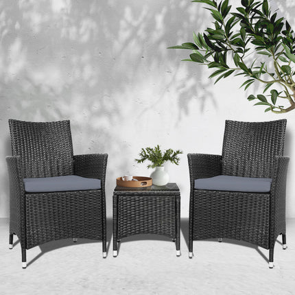 Gardeon 3PC Outdoor Bistro Set Patio Furniture Wicker Chairs Table Cushion All Black.