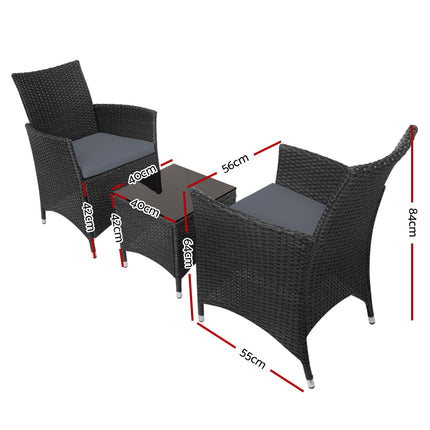 Gardeon 3PC Outdoor Bistro Set Patio Furniture Wicker Chairs Table Cushion All Black.