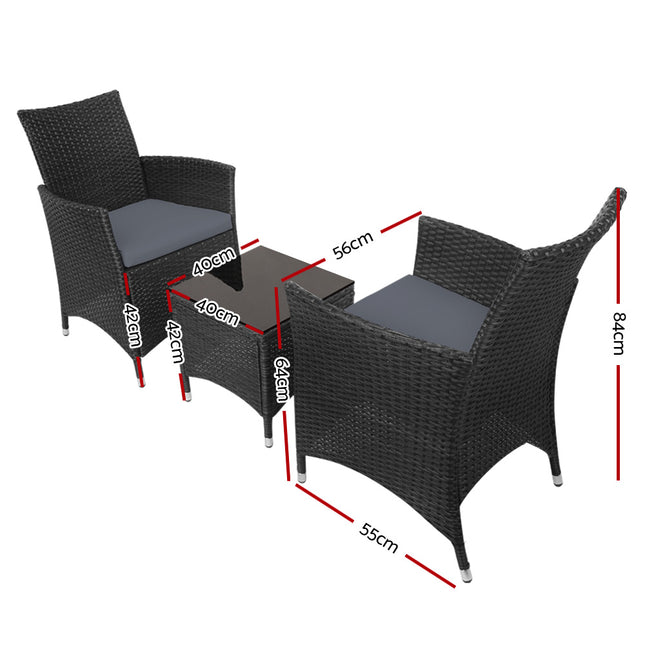 Gardeon 3PC Outdoor Bistro Set Patio Furniture Wicker Chairs Table Cushion All Black.