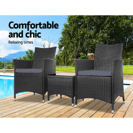 Gardeon 3PC Outdoor Bistro Set Patio Furniture Wicker Chairs Table Cushion All Black.