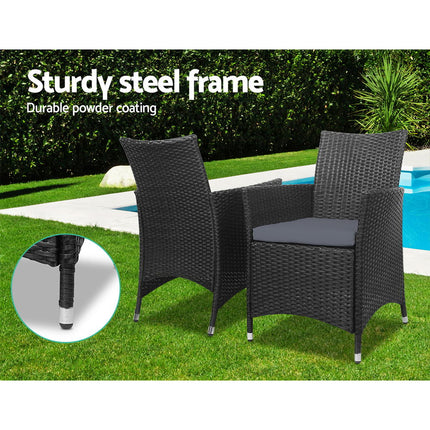 Gardeon 3PC Outdoor Bistro Set Patio Furniture Wicker Chairs Table Cushion All Black.