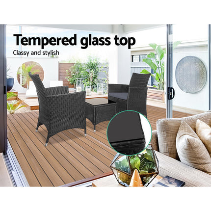 Gardeon 3PC Outdoor Bistro Set Patio Furniture Wicker Chairs Table Cushion All Black.