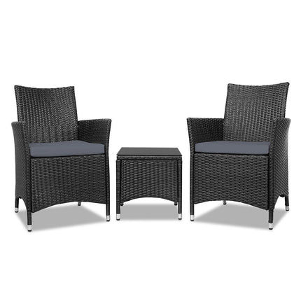 Gardeon 3PC Outdoor Bistro Set Patio Furniture Wicker Chairs Table Cushion All Black.