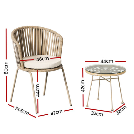 Gardeon 3PC Outdoor Bistro Set Patio Furniture Rope Setting Chairs Table Beige.