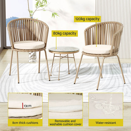 Gardeon 3PC Outdoor Bistro Set Patio Furniture Rope Setting Chairs Table Beige.