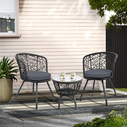 Gardeon 3PC Bistro Set Outdoor Furniture Rattan Table Chairs Patio Garden Cushion Black.