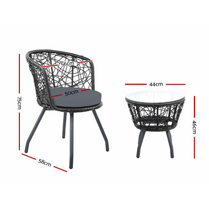 Gardeon 3PC Bistro Set Outdoor Furniture Rattan Table Chairs Patio Garden Cushion Black.