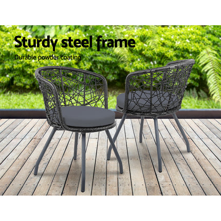 Gardeon 3PC Bistro Set Outdoor Furniture Rattan Table Chairs Patio Garden Cushion Black.