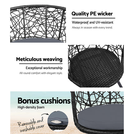 Gardeon 3PC Bistro Set Outdoor Furniture Rattan Table Chairs Patio Garden Cushion Black.