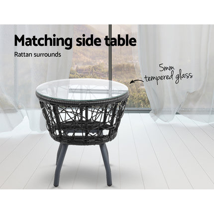 Gardeon 3PC Bistro Set Outdoor Furniture Rattan Table Chairs Patio Garden Cushion Black.