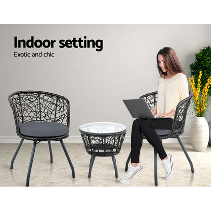 Gardeon 3PC Bistro Set Outdoor Furniture Rattan Table Chairs Patio Garden Cushion Black.