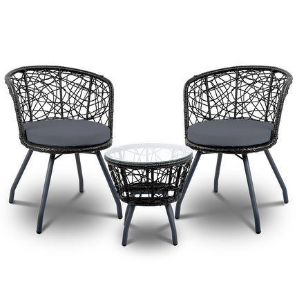 Gardeon 3PC Bistro Set Outdoor Furniture Rattan Table Chairs Patio Garden Cushion Black.