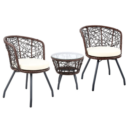 Gardeon 3PC Bistro Set Outdoor Furniture Rattan Table Chairs Patio Garden Cushion Black.