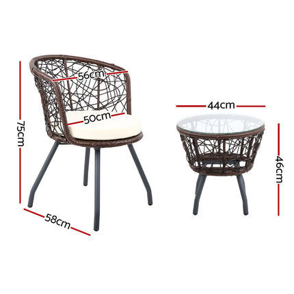Gardeon 3PC Bistro Set Outdoor Furniture Rattan Table Chairs Patio Garden Cushion Black.
