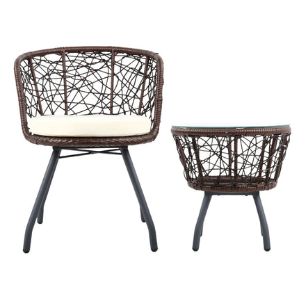 Gardeon 3PC Bistro Set Outdoor Furniture Rattan Table Chairs Patio Garden Cushion Black.