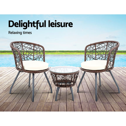 Gardeon 3PC Bistro Set Outdoor Furniture Rattan Table Chairs Patio Garden Cushion Black.