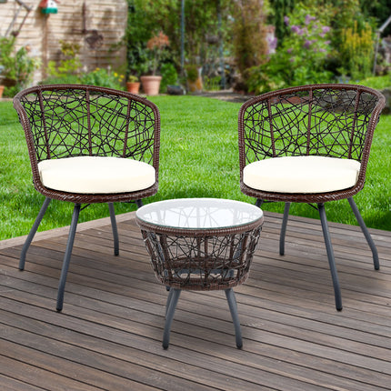 Gardeon 3PC Bistro Set Outdoor Furniture Rattan Table Chairs Patio Garden Cushion Black.