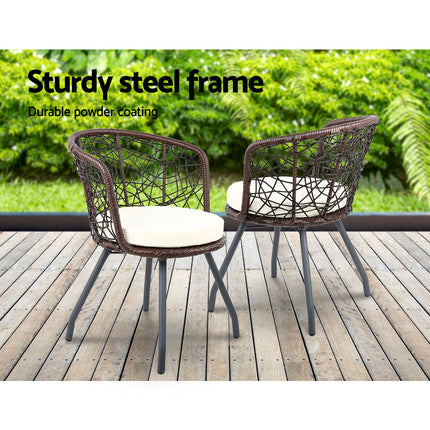 Gardeon 3PC Bistro Set Outdoor Furniture Rattan Table Chairs Patio Garden Cushion Black.