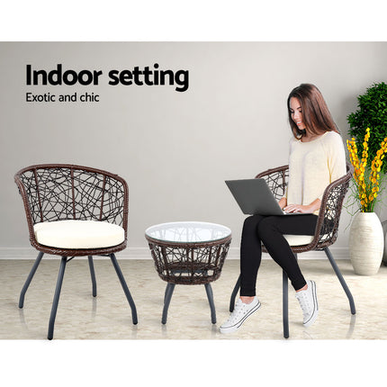 Gardeon 3PC Bistro Set Outdoor Furniture Rattan Table Chairs Patio Garden Cushion Black.