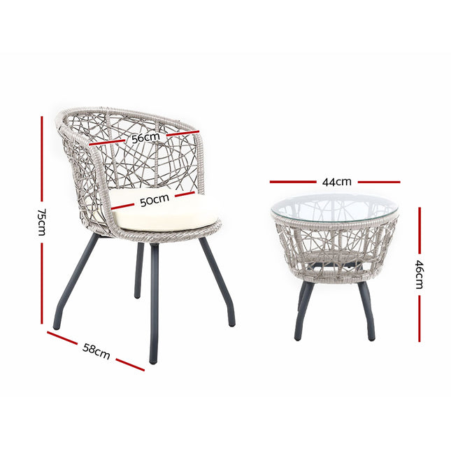 Gardeon 3PC Bistro Set Outdoor Furniture Rattan Table Chairs Patio Garden Cushion Grey.