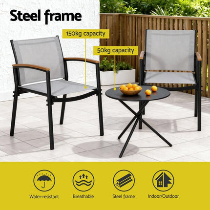 Gardeon 3PC Outdoor Bistro Set Table and Chairs Steel Dining Chair Patio Furniture Textilene.
