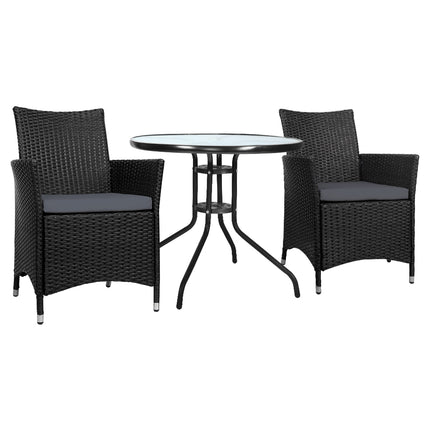 Gardeon 3PC Bistro Set Outdoor Furniture Rattan Table Chairs Cushion Patio Garden Idris.