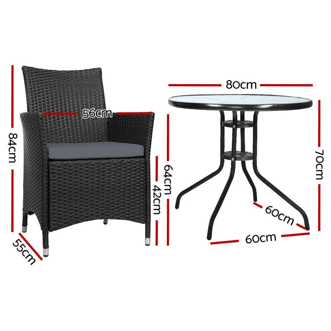 Gardeon 3PC Bistro Set Outdoor Furniture Rattan Table Chairs Cushion Patio Garden Idris.