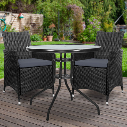 Gardeon 3PC Bistro Set Outdoor Furniture Rattan Table Chairs Cushion Patio Garden Idris.