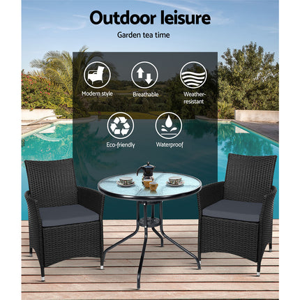 Gardeon 3PC Bistro Set Outdoor Furniture Rattan Table Chairs Cushion Patio Garden Idris.