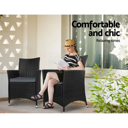 Gardeon 3PC Bistro Set Outdoor Furniture Rattan Table Chairs Cushion Patio Garden Idris.