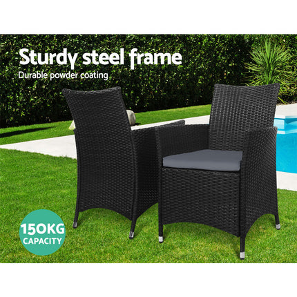 Gardeon 3PC Bistro Set Outdoor Furniture Rattan Table Chairs Cushion Patio Garden Idris.