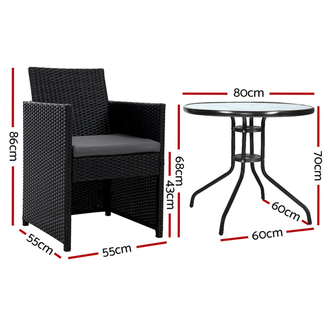 Gardeon 3PC Bistro Set Outdoor Furniture Rattan Table Chairs Cushion Patio Garden Hugo.