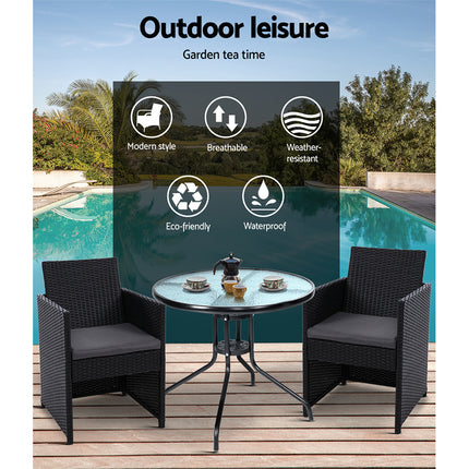 Gardeon 3PC Bistro Set Outdoor Furniture Rattan Table Chairs Cushion Patio Garden Hugo.