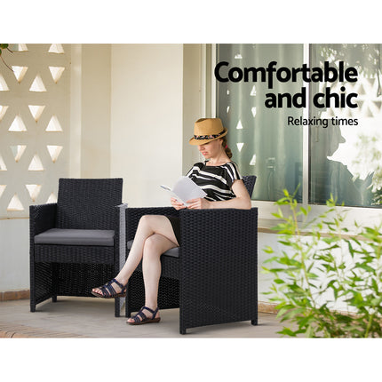 Gardeon 3PC Bistro Set Outdoor Furniture Rattan Table Chairs Cushion Patio Garden Hugo.