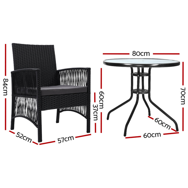 Gardeon 3PC Bistro Set Outdoor Furniture Rattan Table Chairs Cushion Patio Garden Lyra.