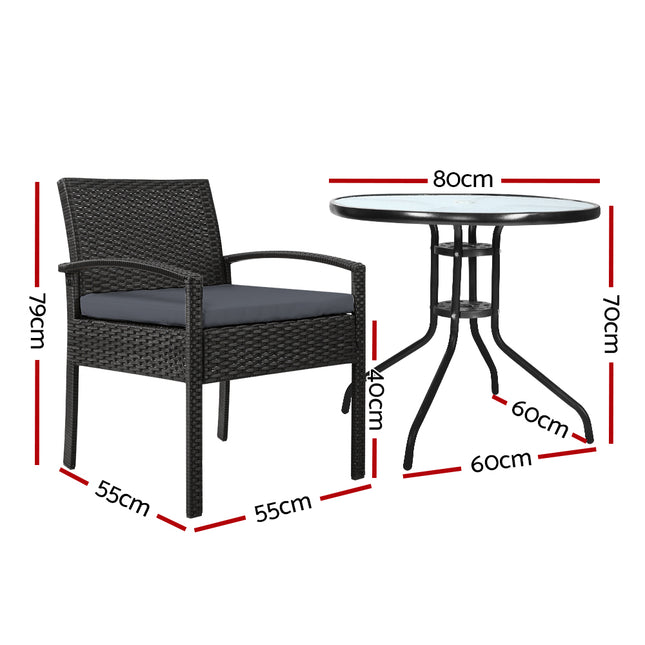 Gardeon 3PC Bistro Set Outdoor Furniture Rattan Table Chairs Cushion Patio Garden Felix.