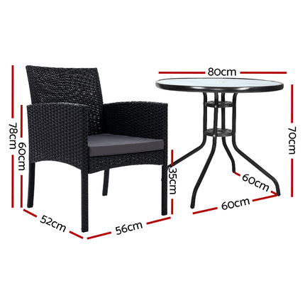 Gardeon 3PC Bistro Set Outdoor Furniture Rattan Table Chairs Cushion Patio Garden Ezra.