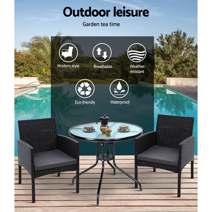 Gardeon 3PC Bistro Set Outdoor Furniture Rattan Table Chairs Cushion Patio Garden Ezra.